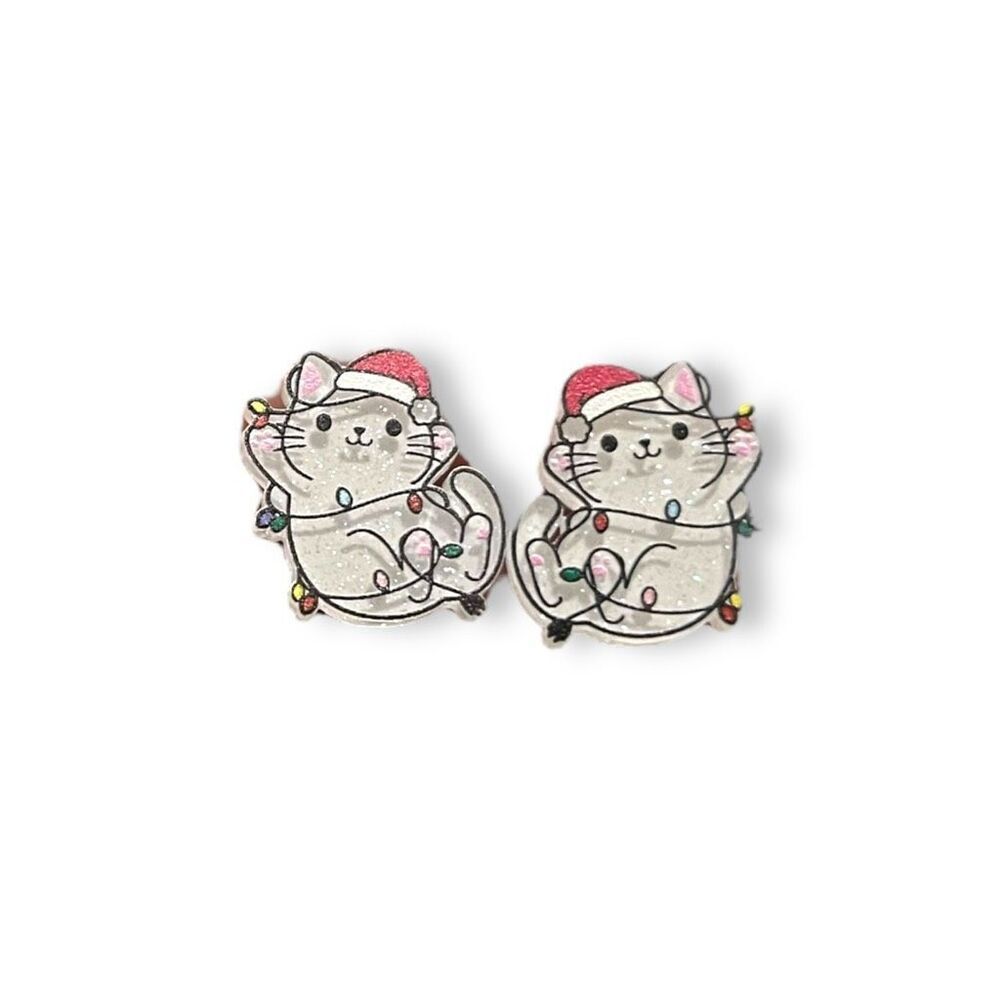 New White Christmas Cat Tangled In Lights Acrylic Earrings Holiday Pets Fun Gift